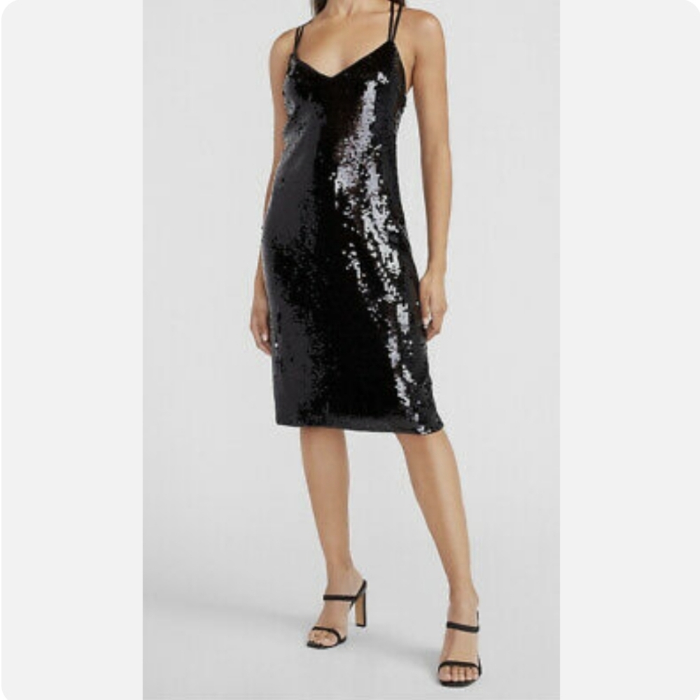 Express Black Sequin Midi Slip Dress NWT